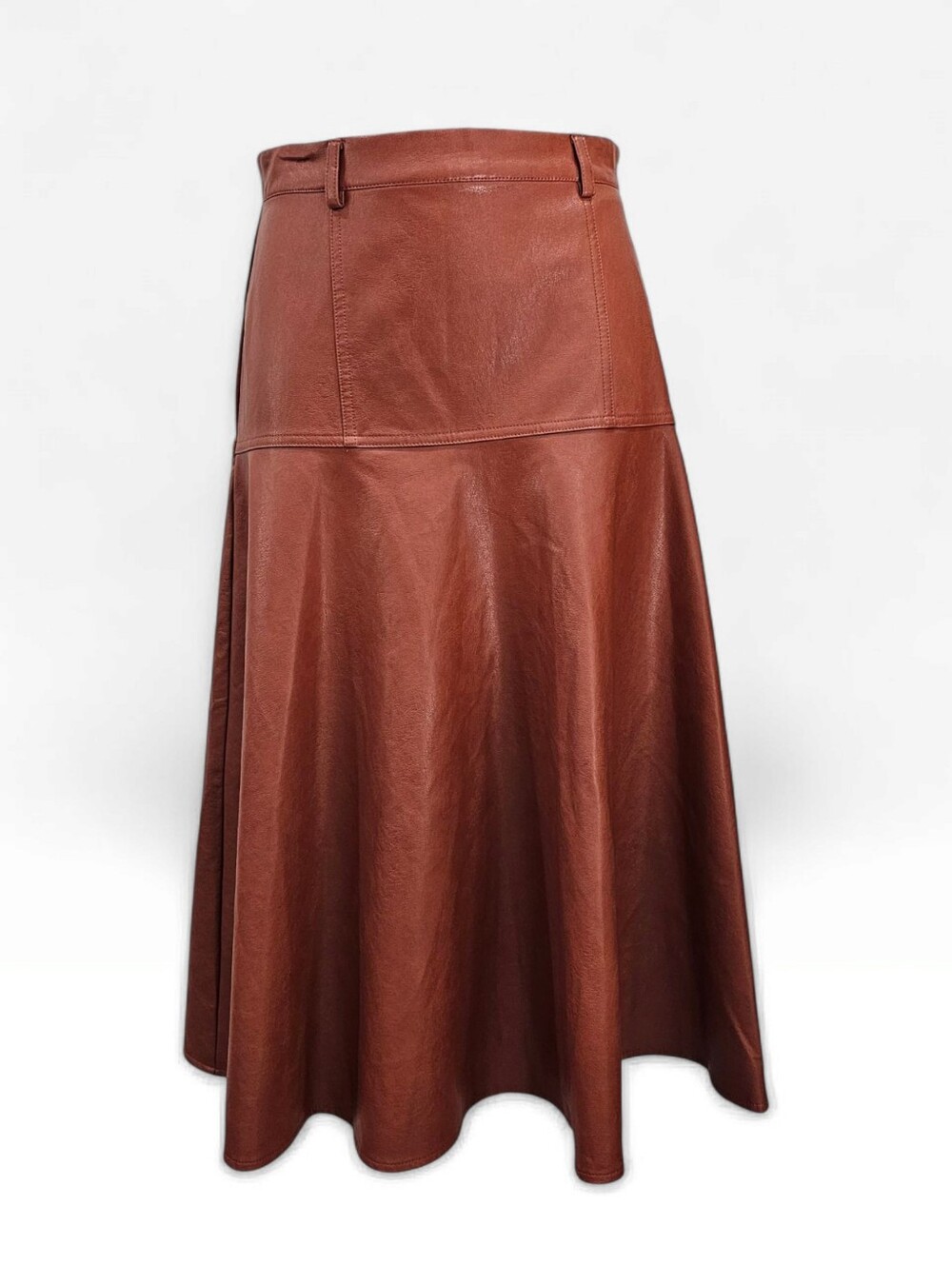 EVA FRANCO Faux Leather Brown High Waisted Midi Allas Flare Skirt S